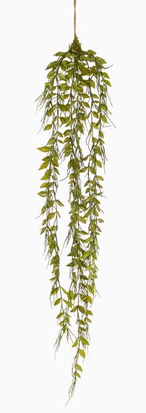 Künstliche Hängepflanze mit spitzen grünen Blättern und einer Kordel aus Jute zur Befestigung.