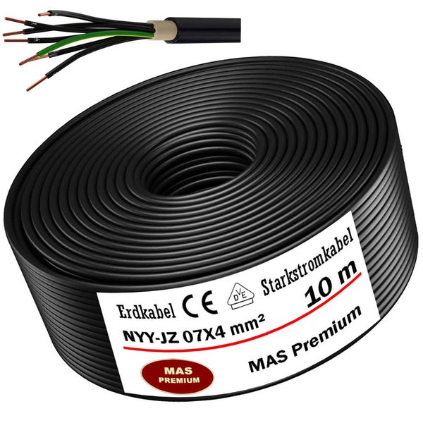 Schwarzes MAS Premium Erdkabel NYY-JZ 7x4 Quadratmillimeter, Starkstromkabel 10 Meter, 7-adrig mit Kupferleitern, nach Sicherheitsstandards geprüft.