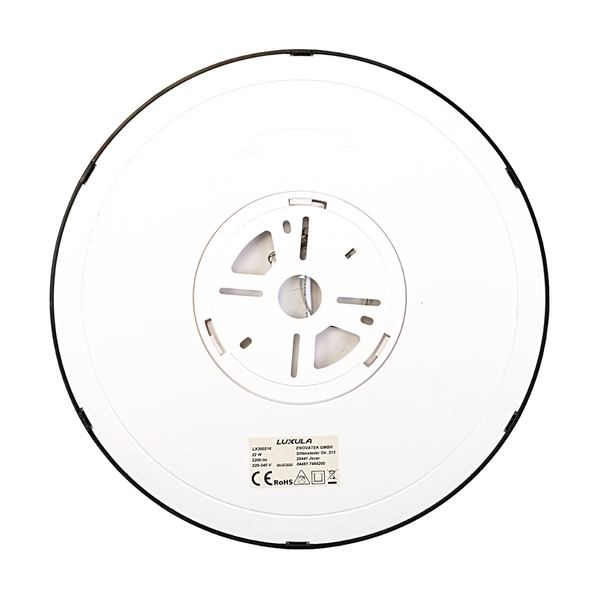 Rückansicht einer runden LED-Deckenleuchte aus weißem Kunststoff mit schwarzem Rand und Montageplatte.