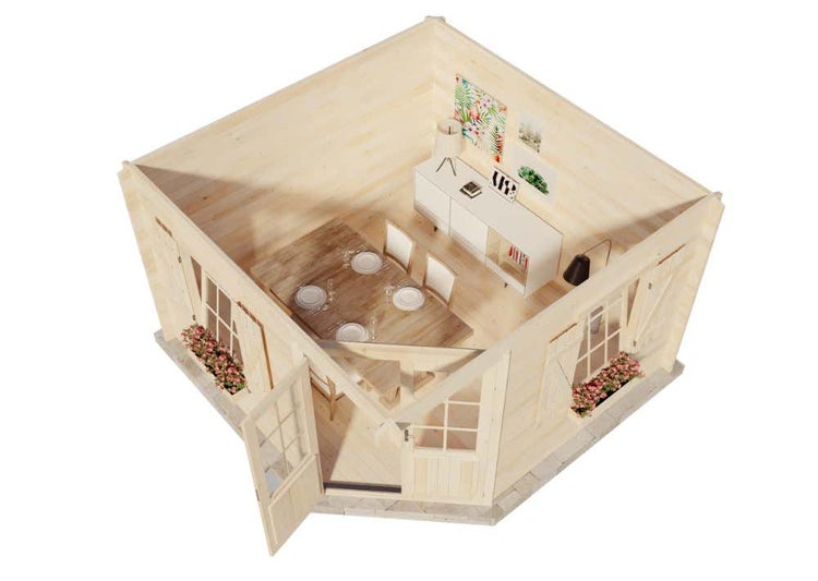 Alpholz 5-Eck Gartenhaus Monica Royal Gartenhaus aus Holz, Holzhaus mit 40 mm Wandstärke, Blockbohlenhaus mit Montagematerial, Naturbelassen 3,5x3,5m