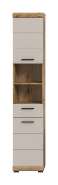 Hochschrank für das Badezimmer in Eichenoptik mit geöffneten Türen und Schublade. Graue Fronten, offene Fächer und schwarze Griffe.