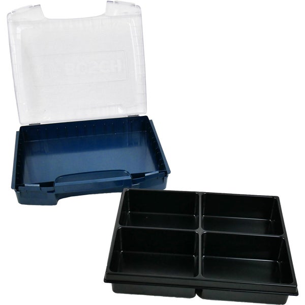 Bosch Sortimentskasten mit transparentem Deckel und vier schwarzen Einsatzboxen in einem blauen Kunststoffgehäuse. Bosch Logo.