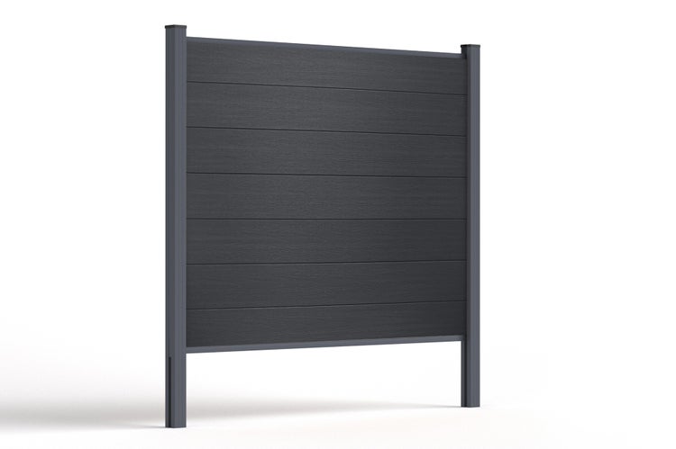 Moderner Sichtschutzzaun aus Holz-Kunststoff-Verbundwerkstoff mit horizontalen Lamellen und stabilen Metallpfosten in Anthrazit.