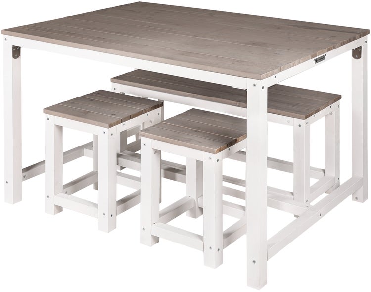 WONDERMAKE® Design Sitzgruppe Sitzgarnitur Holz mit Abdeckung Outdoor Garten Balkon 4 Personen Plätze, Essgruppe Möbel-Set Essgarnitur draußen außen, 4-teilig: Tisch Sitzbank Stühle Hocker, weiß grau