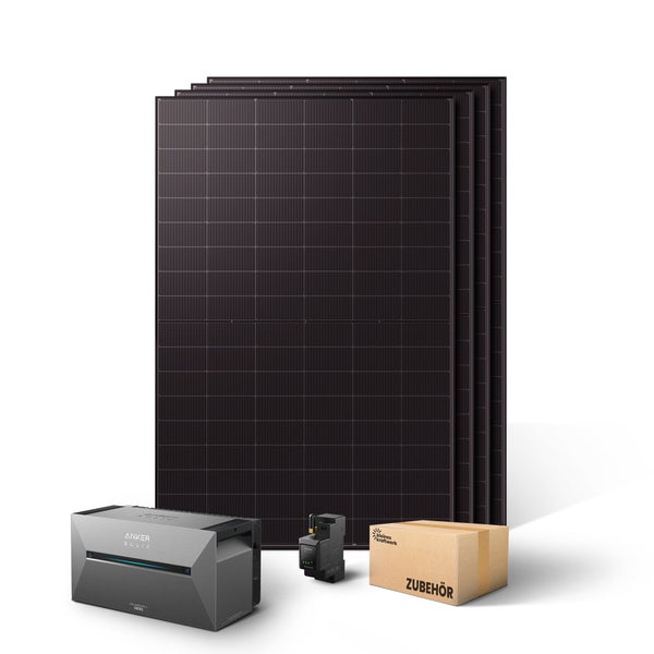 Balkonkraftwerk-Set mit vier Photovoltaik-Modulen, Anker Solix Solarbank 2 Pro Speicher, Smart Meter und Zubehörkarton mit Kleines Kraftwerk Logo.