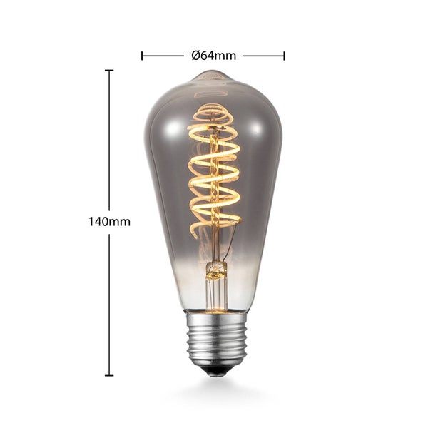 LED-Filament-Leuchtmittel in Vintage-Optik, Birnenform, Höhe 140 Millimeter, Durchmesser 64 Millimeter, E27-Sockel, spiralförmiges Filament.