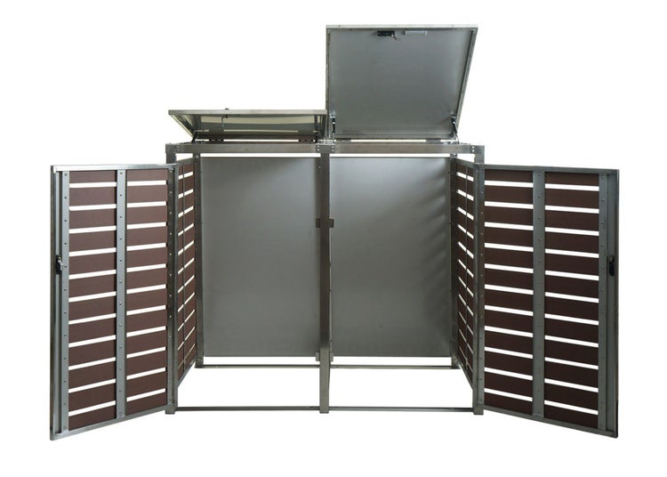 Mülltonnenbox mit zwei offenen Türen und zwei geöffneten Deckeln.