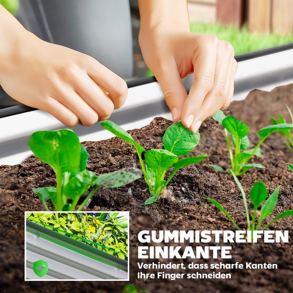 Hände pflegen Pflanzen in einem Metallhochbeet mit einem Gummistreifen als Kantenschutz zur Vermeidung von Schnittverletzungen.