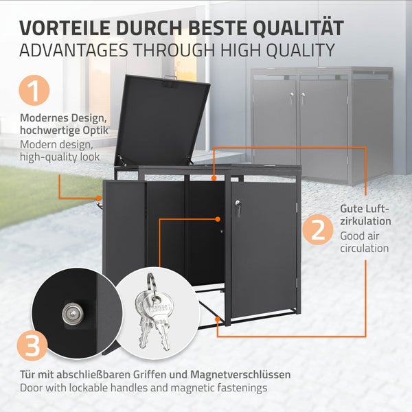 Anthrazitfarbene Mülltonnenbox aus Metall mit modernem Design, guter Luftzirkulation, abschließbaren Türen und Magnetverschlüssen.
