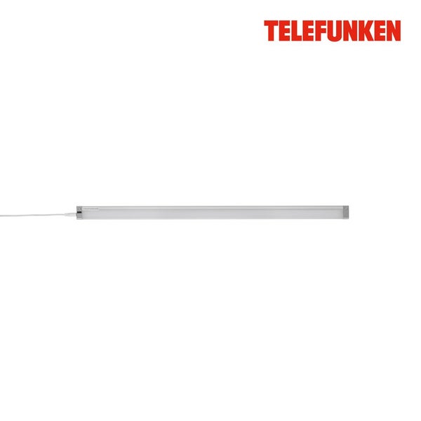 Telefunken Logo. Schlanke LED Unterbauleuchte in Silber mit weißer Kunststoffabdeckung und Stromkabel auf der linken Seite.