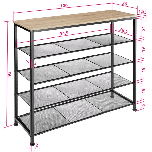Schuhregal tectake Sheffield 100 x 30,5 x 93 cm Industrial Style Industrial Holz hell, Eiche Sonoma