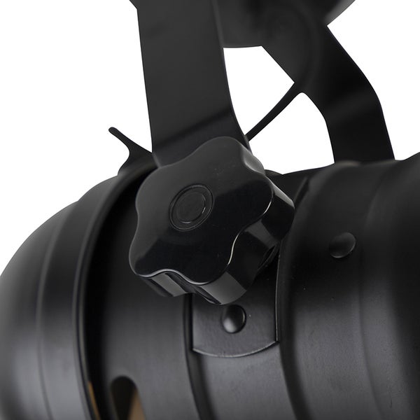 Detailaufnahme einer schwarzen Bühnenleuchte mit Drehknopf zur Justierung