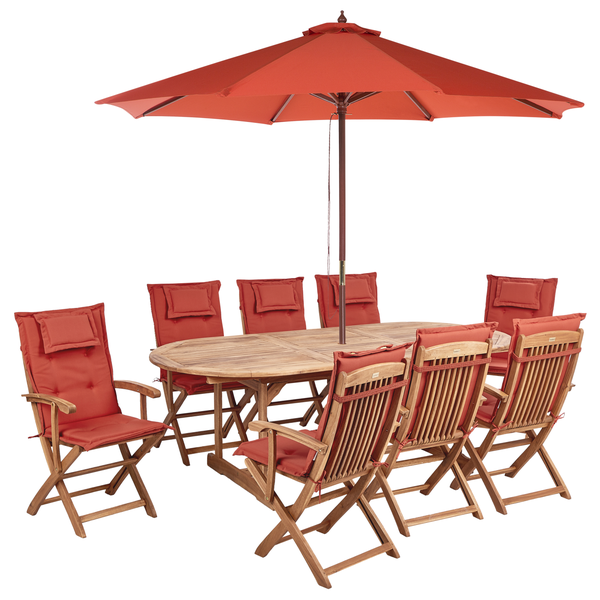 Gartenmöbel Set 8-Sitzer MAUI II mit Schirm Akazienholz Dunkelrot