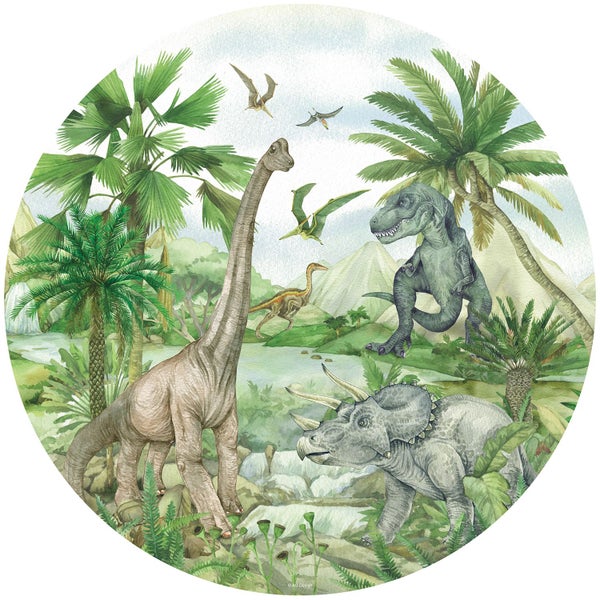 Illustration einer Dinosaurierszene mit verschiedenen Dinosaurierarten in einer prähistorischen Landschaft