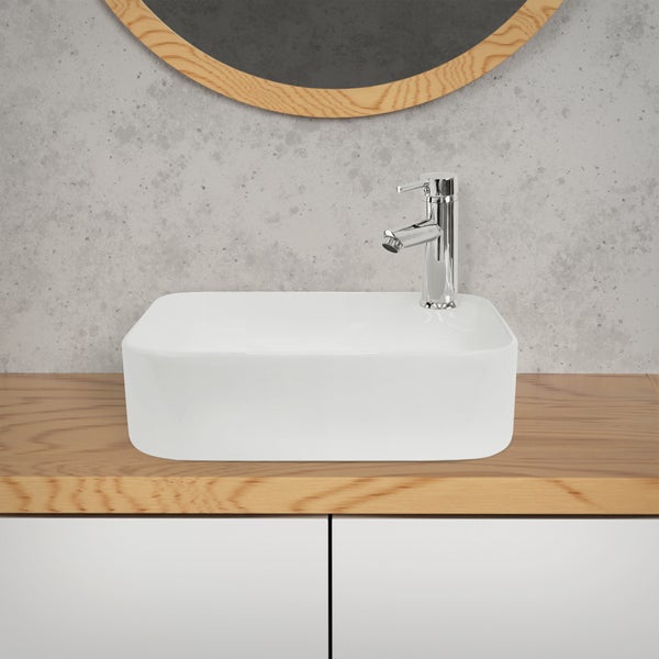 ECD Germany Waschbecken Waschtisch 435 x 435 x 125 mm aus Keramik Weiß - Aufsatzbecken Aufsatzwaschbecken Handwaschbecken Aufsatzwaschtisch Spülbecken Becken Wasserfall Waschschale Waschschüssel