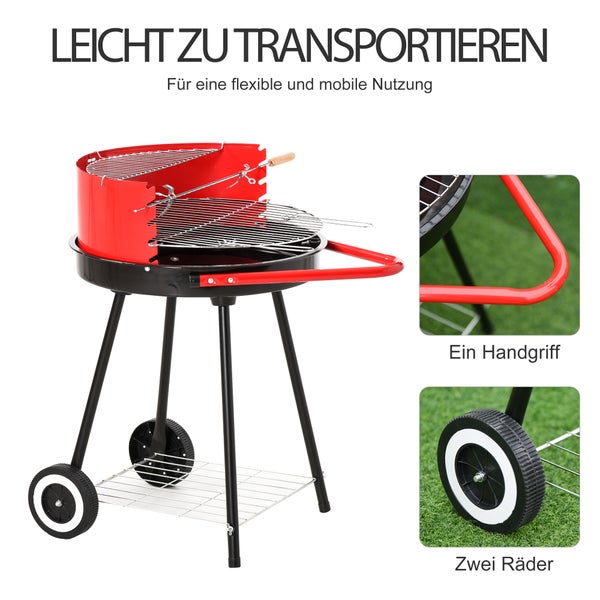 Outsunny Holzkohlegrill, Rundgrill, L51 x B70 x H75,5cm, Metall, Rot