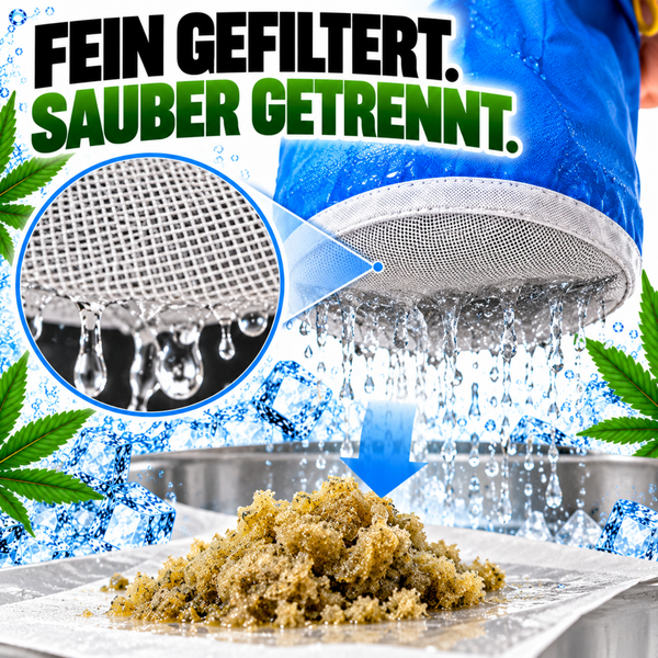 Feinporiger Filterbeutel für die Pflanzenextraktion mit durchlaufendem Wasser und gefiltertem Pflanzenmaterial auf einem Tuch.