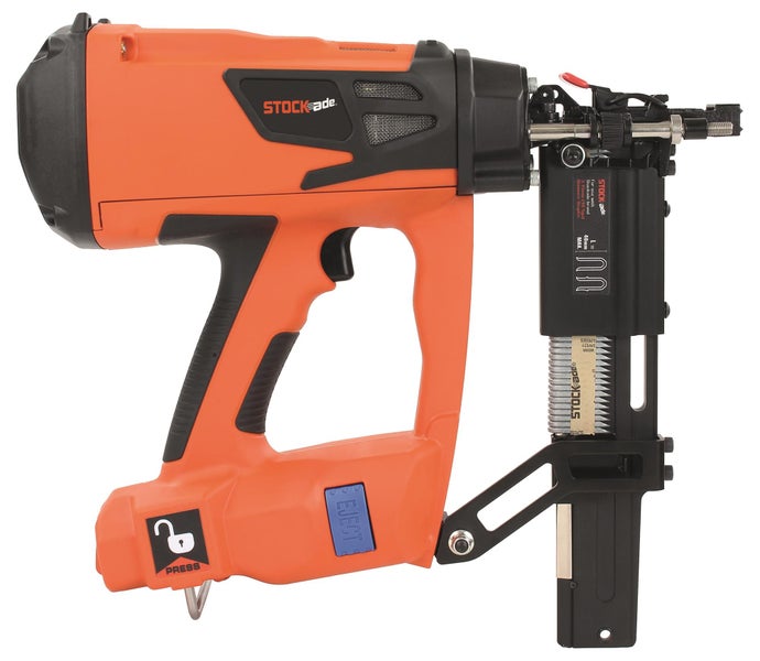 Gasbetriebenes Zaunklammergerät von Stockade in Orange und Schwarz mit ergonomischem Griff und Magazin.