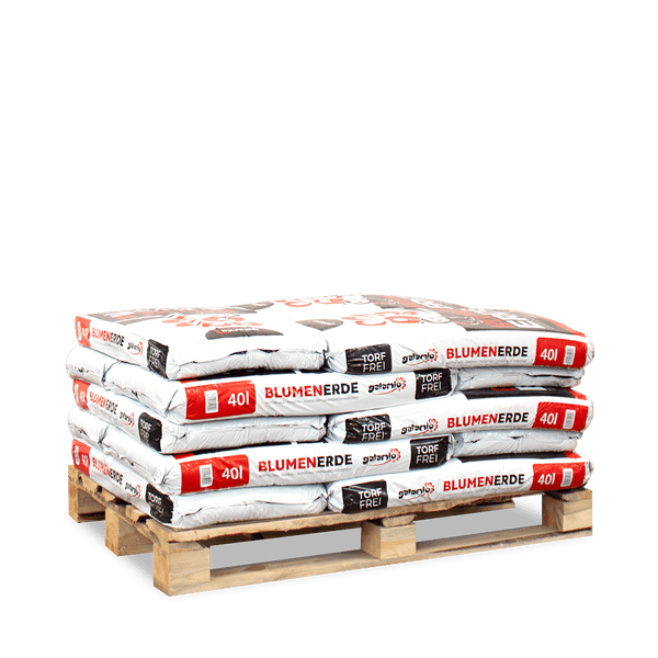 Palette mit torffreier Blumenerde von galamio, 40 Liter pro Sack.