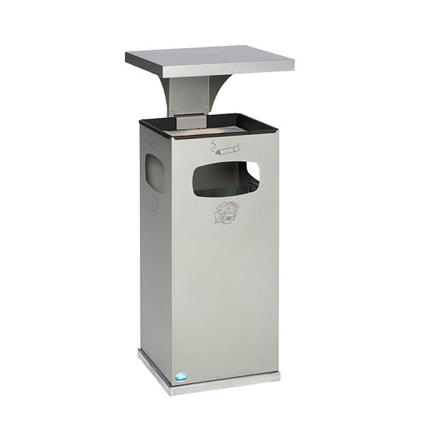 Abfallbehälter mit Aschenbecher und Dach aus Metall.