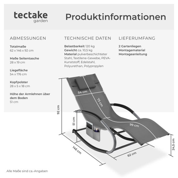 Gartenliege tectake Taya abnehmbares Kopfpolster, seitliche Aufbewahrungstasche ergonomisch, mit Komfort-Schwingbewegung grau