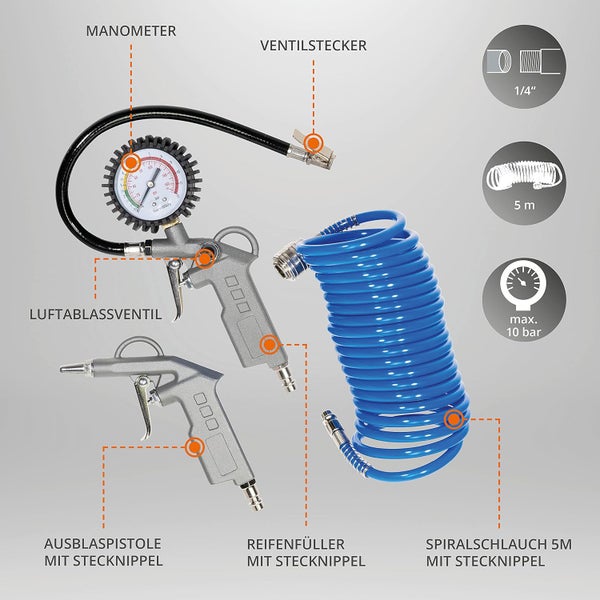 Druckluft-Zubehörset mit Reifenfüller inklusive Manometer, Ausblaspistole und 5 Meter Spiralschlauch. Anschluss 1/4 Zoll, maximal 10 Bar Druck.