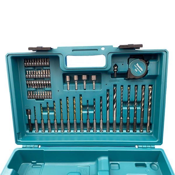 Makita Werkzeugkoffer mit verschiedenen Bohrern, Bits, Steckschlüsseln und Maßband