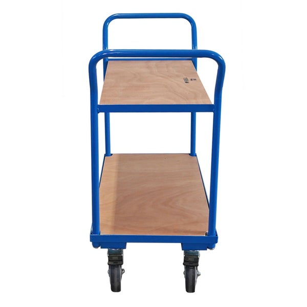 Blauer Transportwagen mit zwei Holzablagen und Rollen