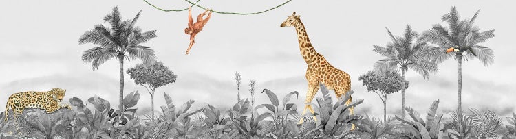 Wandbild mit Dschungelmotiv, inklusive Leopard, Affe, Giraffe und Tukan
