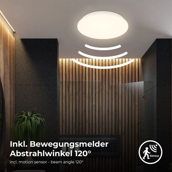 Deckenlampe Ø26 cm - 12W, 1190lm, LED, mit Bewegungsmelder, IP44, warmweiß, weiß