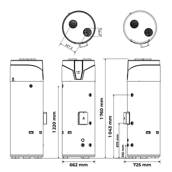 Maßzeichnung eines Warmwasser-Wärmepumpenspeichers mit Höhen- und Breitenangaben in Millimetern. Ansichten von oben, vorne und der Seite.