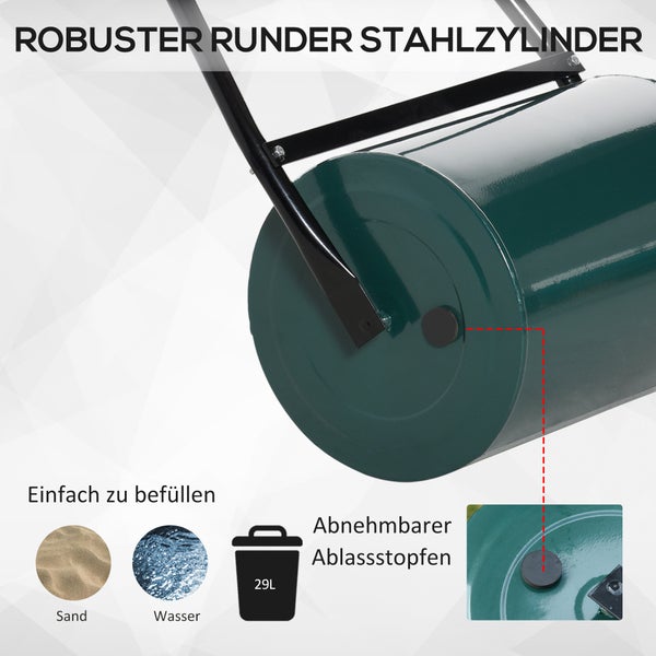 Rasenwalze aus Stahl mit 29 Liter Fassungsvermögen, befüllbar mit Wasser oder Sand, inklusive abnehmbarem Ablassstopfen.