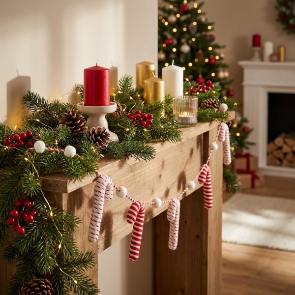 Festliche Weihnachtsdekoration auf einem Holzkamin mit Tanne, Kerzen, Tannenzapfen und einer Zuckerstangengirlande vor einem Weihnachtsbaum.