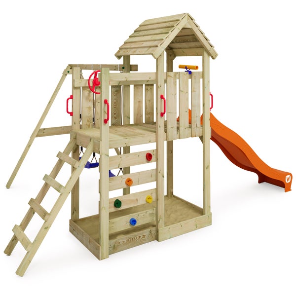 WICKEY Spielturm Klettergerüst MultiFlyer Holzdach mit Schaukel und Rutsche, Kletterturm mit Holzdach, Sandkasten, Leiter und Spiel-Zubehör - orange
