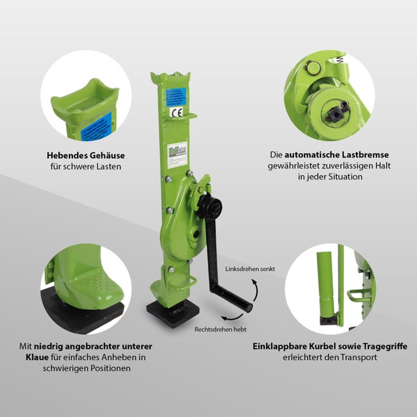 Grüner Wagenheber mit klappbarer Kurbel und automatischer Lastbremse