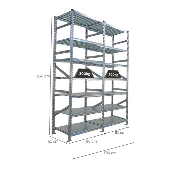 Metallregal mit sechs Regalböden und einer Traglast von 200 Kilogramm pro Boden