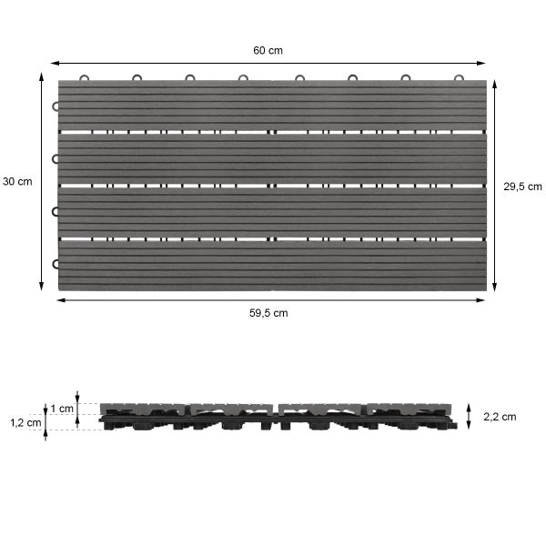 Terrassenfliese aus Verbundwerkstoff mit Abmessungen von 60 mal 30 Zentimeter, 59,5 mal 29,5 Zentimeter und einer Höhe von 2,2 Zentimeter.