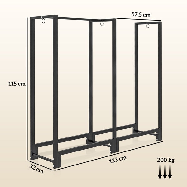 Outsunny Kaminholzregal, mit zwei Abschnitte, drei Haken, für Outdoor, Indoor, bis 200 kg, 123 x 32 x 115 cm, Stahl, Schwarz