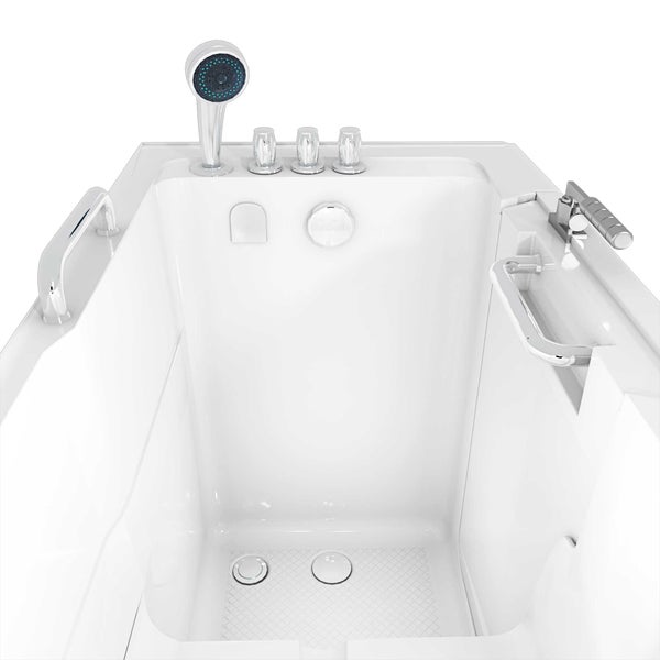 Geöffnete Badewanne mit Tür, Kopfstütze und Handbrause