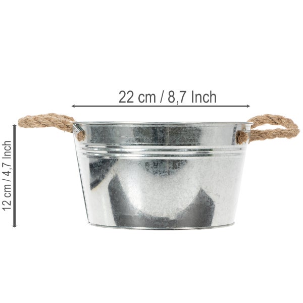 Runde Zinkschale mit zwei Seilgriffen, Durchmesser 22 Zentimeter, Höhe 12 Zentimeter.