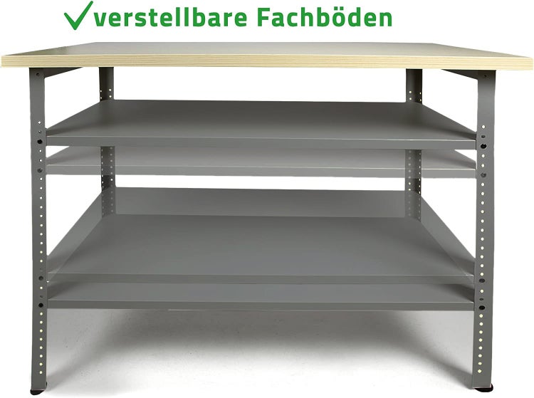Werkbank mit verstellbaren Fachböden.