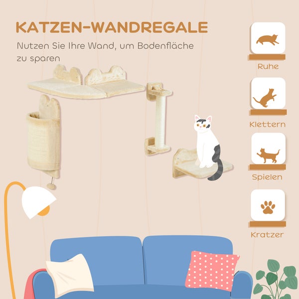 PawHut Katzen Kletterwand Set, 4-teilig Katzenmöbel Kletterwand Katzen mit Sitzplattform, Eckplattform, Spielball und Bogen-Kratzbrett, Katzen-Wandmöbel für Katzen bis 5 kg, Beige
