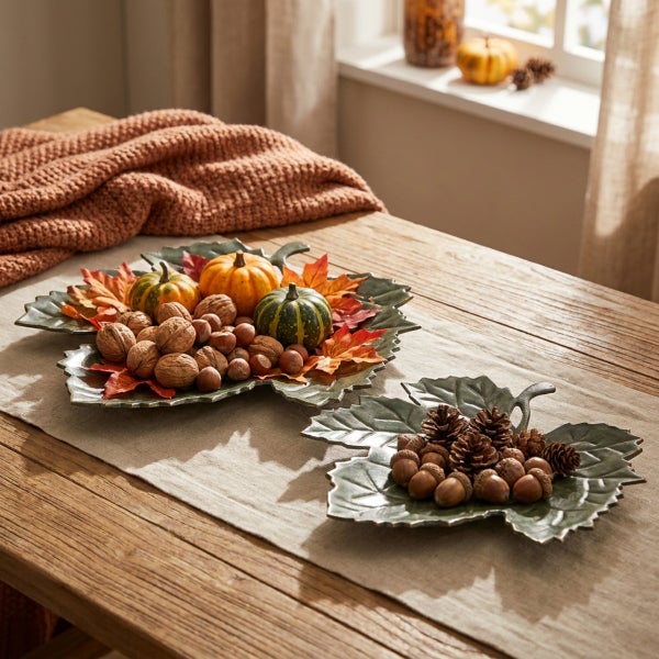Zwei blattförmige Dekoschalen aus Keramik auf einem Holztisch, dekoriert mit Herbstfrüchten, Nüssen und Tannenzapfen für eine herbstliche Stimmung.