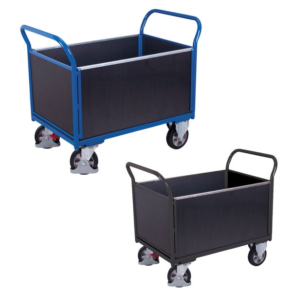 Paketwagen in Blau und Grau mit vier Wänden und zwei Schiebebügeln, stabile Konstruktion aus Stahlrohr und Holzwerkstoffplatten mit vier Lenkrollen.