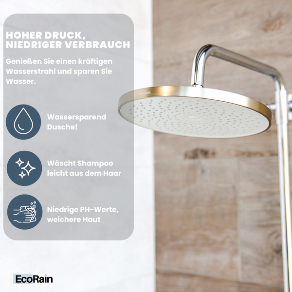 EcoRain 30% Wassersparender Regenduschkopf Matt 25 CM Rund - Hoher Wasserdruck - Universeller Anschluss - Anti-Kalk Duschkopf - Gebürstetes Gold