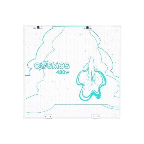 Quadratische COSMOS LED-Pflanzenlampe 480 Watt mit Wolken-Grafik und sichtbarem Raster aus Leuchtdioden.