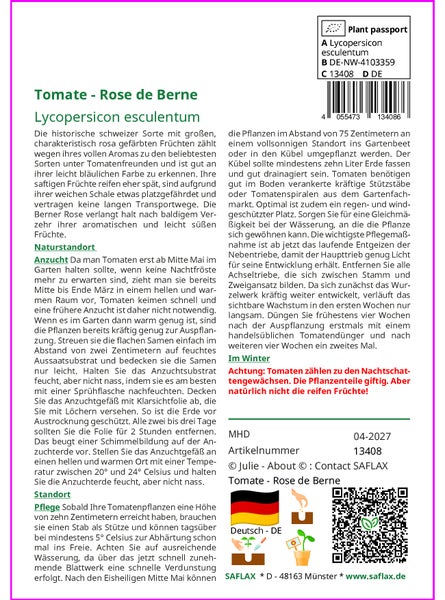 SAFLAX  - Tomate - Rose de Berne - Lycopersicon esculentum - 10 Samen