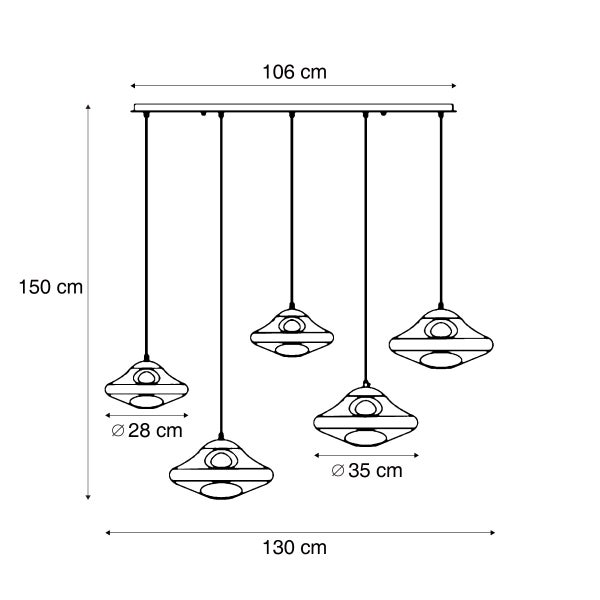 Technische Zeichnung einer Pendelleuchte mit fünf Lampen, Abmessungen und Details.