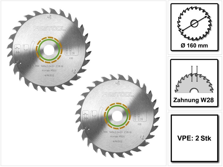2x Festool Universal Kreissägeblatt W28 160 x 2,2 x 20 mm 160 mm 28 Zähne ( 496302 ) TS TSC ATF AP