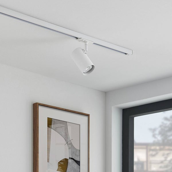 Zylindrischer Strahler an einem Schienensystem an der Decke montiert zur Beleuchtung eines Wandbildes.